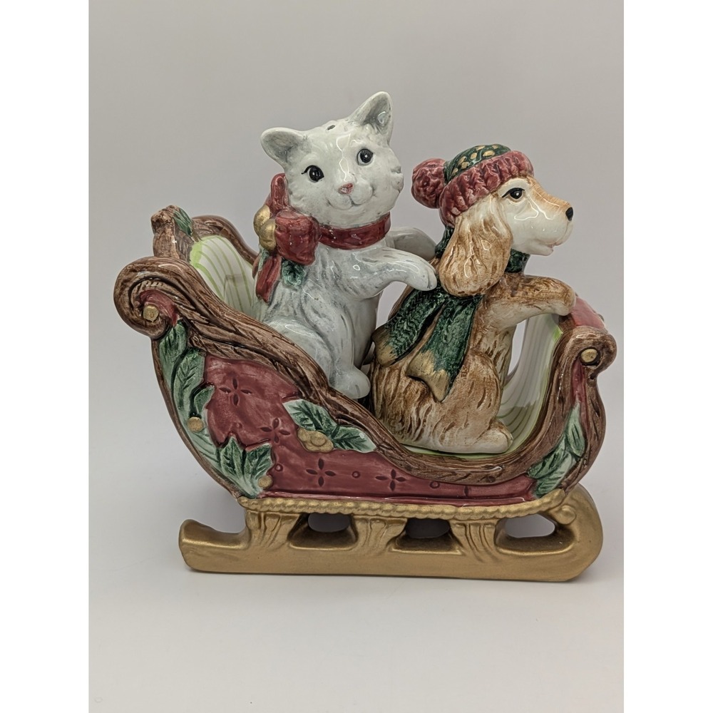 Vintage Fitz & Floyd Dog & Cat Salt‎ Pepper Shakers on Sleigh 1995